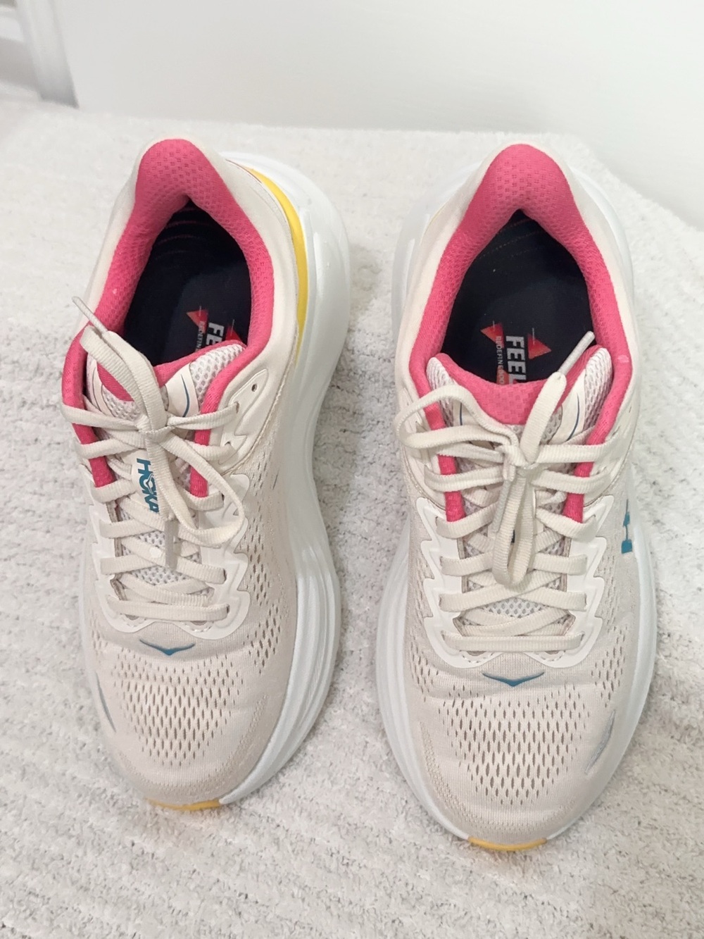 Hoka Women's Bondi 9 Running Shoes — Cream with Pink, Yellow & Teal Accents - Picture 10 of 16